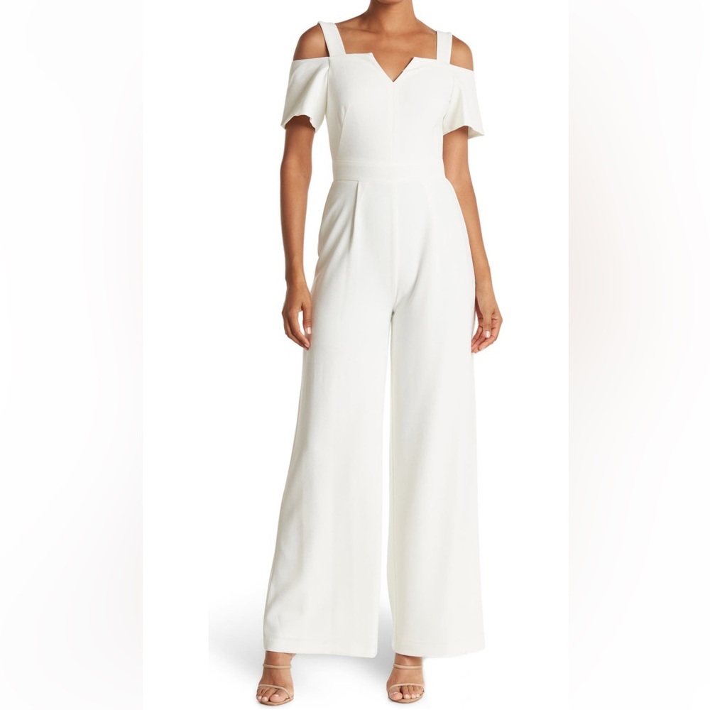 Eliza J White Ivory Cold Off-Shoulder Jumpsuit Short Sleeve Wide Leg XS 0 2 - Picture 1 of 11